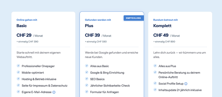 Paket wählen und online gehen
