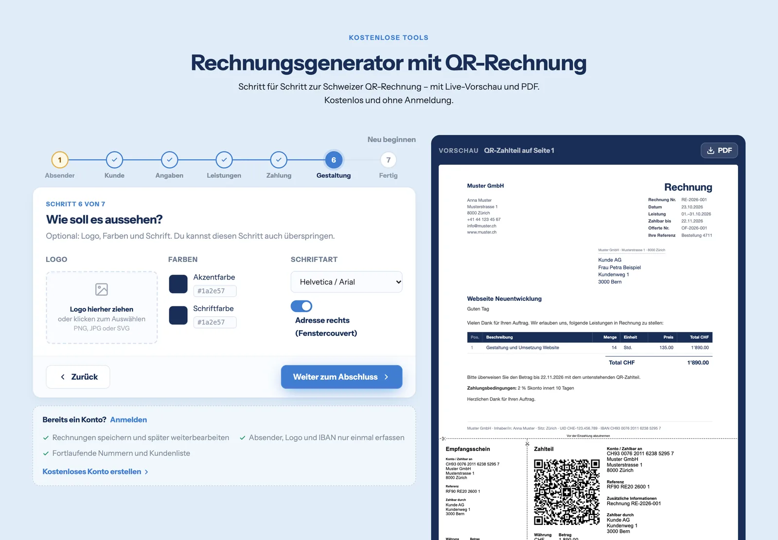 Rechnungsgenerator: Gestaltung mit Logo-Upload, Akzentfarbe und Schriftart