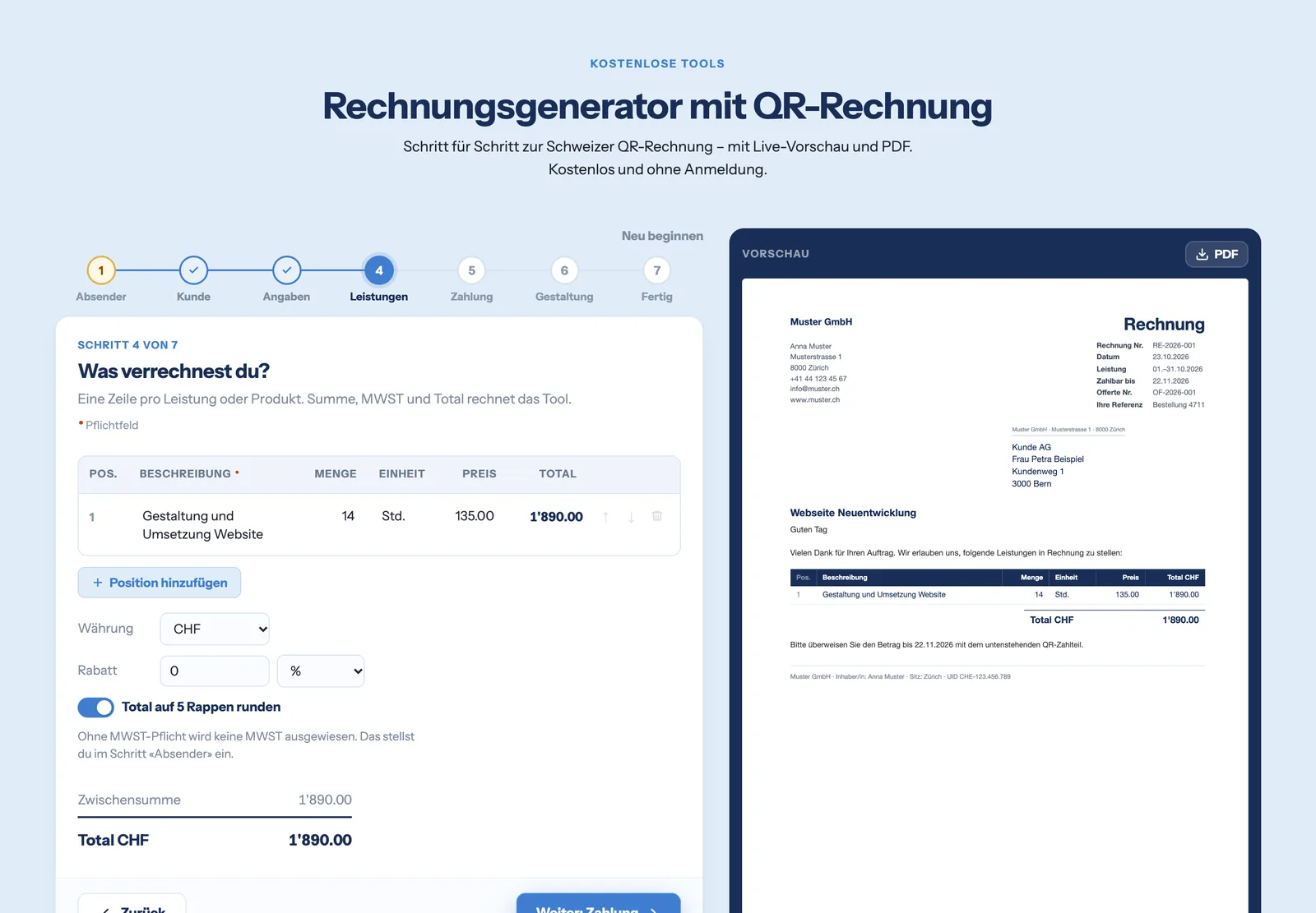 Rechnungsgenerator: Positionen mit Menge, Einheit und Preis, Total wird automatisch berechnet