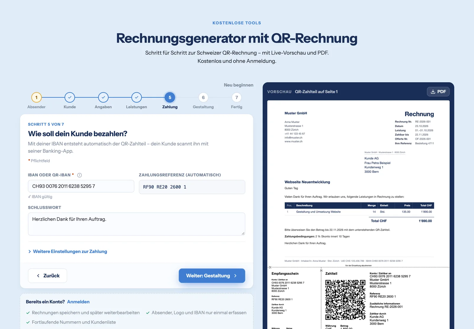 Rechnungsgenerator von endlich-online.ch: Schritt Zahlung mit IBAN und Live-Vorschau der Rechnung