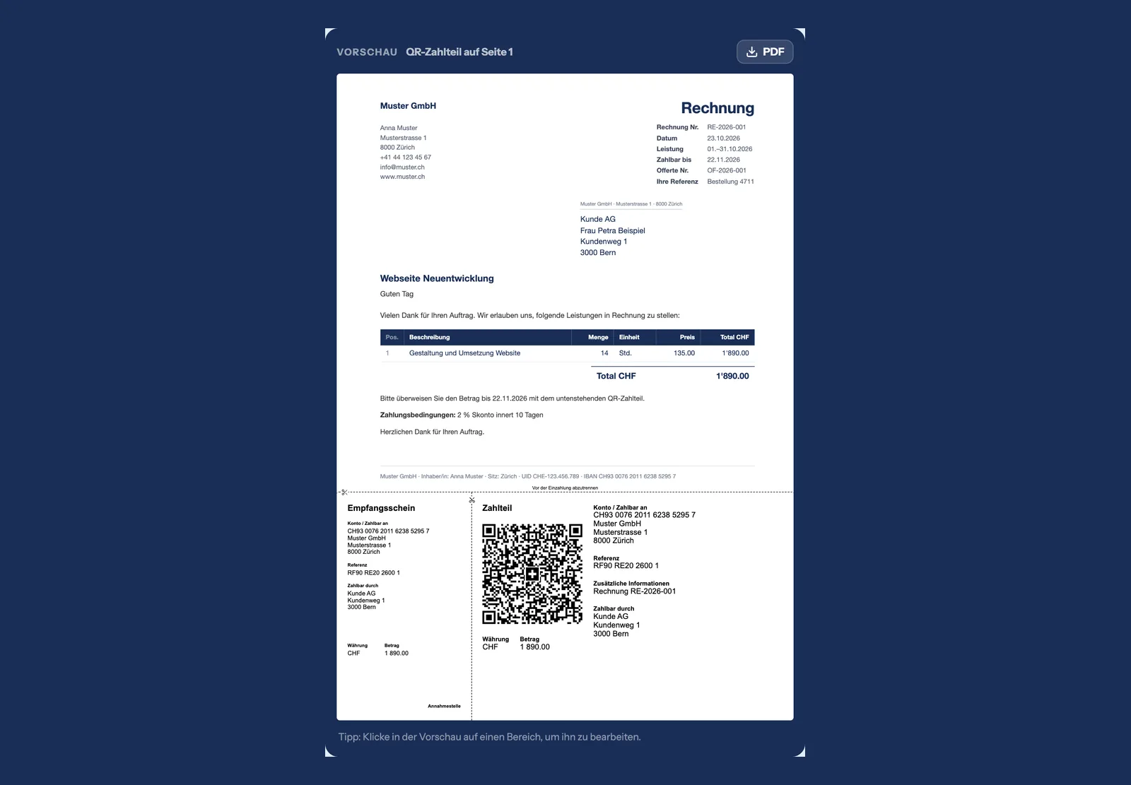 Beispielrechnung aus dem Rechnungsgenerator mit Schweizer QR-Zahlteil und Empfangsschein